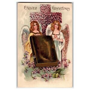 Embossed Easter Greetings Angels Bible Floral Cross Postcard 1911 Greybull WYO